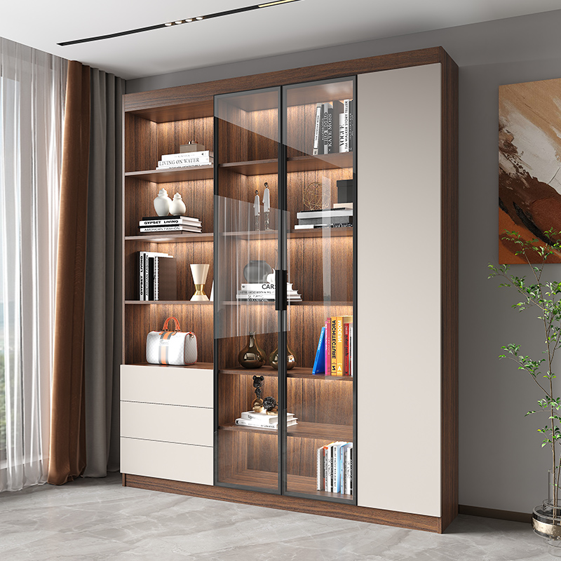 现代简约实木书柜书架客厅玻璃门展示柜书房落地靠墙书橱储物柜子