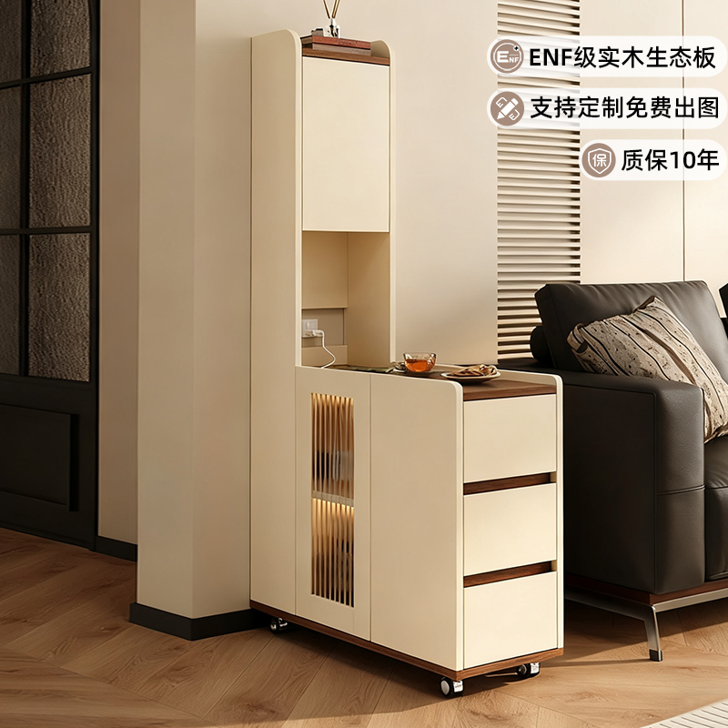 实木中古风客厅书架柜一体靠墙可移动不占地方落地置物架沙发边几