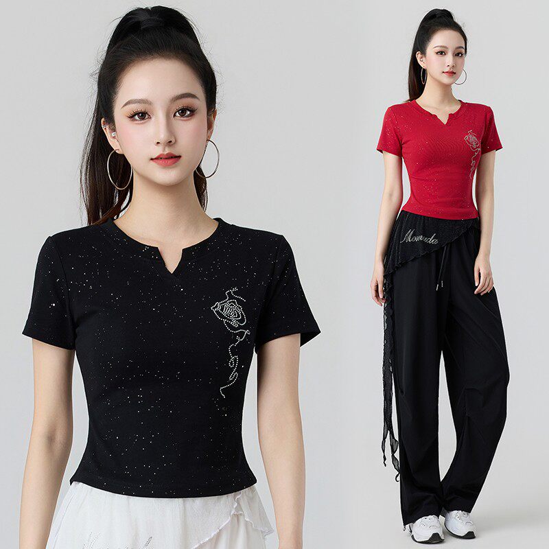 2026夏季新款广场舞短袖银洒闪钻休闲修身运动健身跳舞T恤上衣