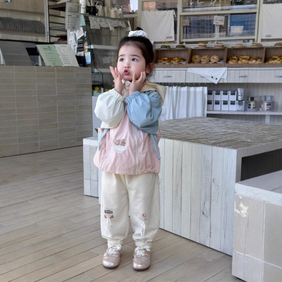【现货】儿童童外套2025春季韩版女童拼接冲锋衣外套蝴蝶结裤子