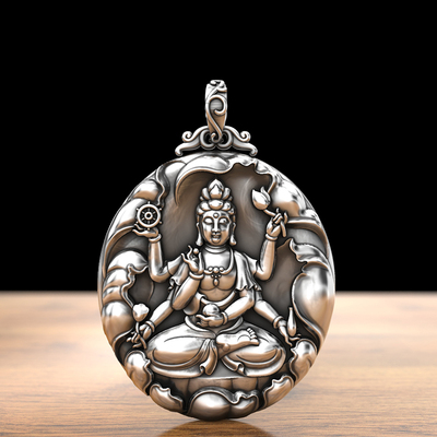 千手观音足银吊坠本命佛纯银项链男霸气法轮银牌观音守护神守护神