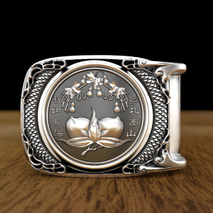 999纯银皮带扣 送礼六字荷花手工扣头 观音牡丹花鸟足银平滑扣