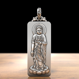 999纯银站立全身阿弥陀银牌吊坠本命佛属羊猴生肖霸气银项链男
