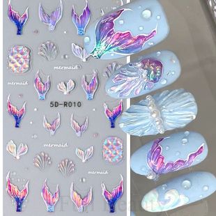 Shining Mermaid Tail Nail Stickers Holographic Shell Star 5D