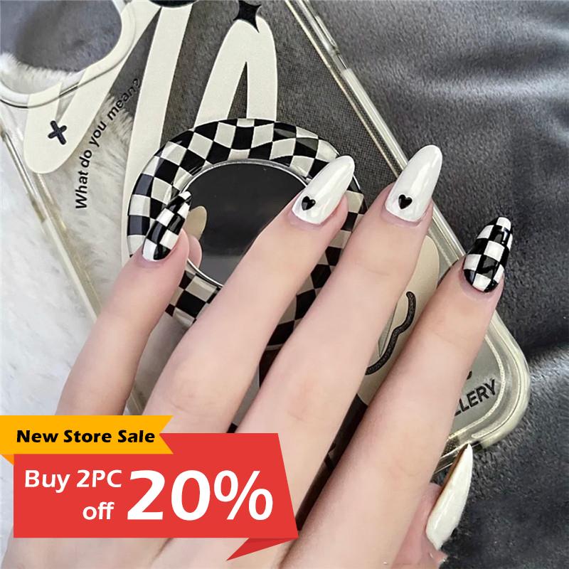 artificial nails 24pcs checkerboard press on nails Sticker F