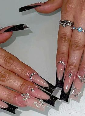 24pcs Black French Fake Nails Sets Butterfly Rhinestone Desi