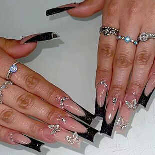 Fake Desi 24pcs French Butterfly Rhinestone Sets Black Nails