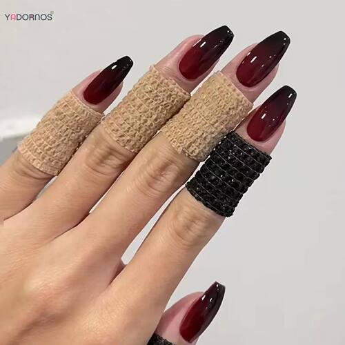 Red Black Gradient Press on Nails Medium Length Coffin Fake