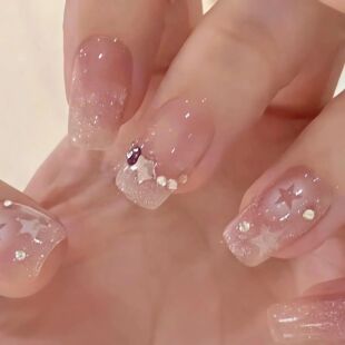 24Pcs Glitter Diamond Press On Nails Blush Pink Cat Eye Fake