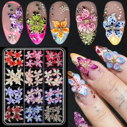 60pcs Mixed Hawaiian Flower Nail Decoration 3D Gradient Cher