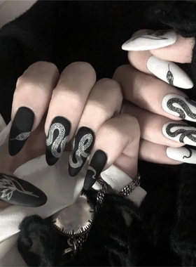 24pcs/set Long Stiletto Fake Nails Punk Snake Pattern Black