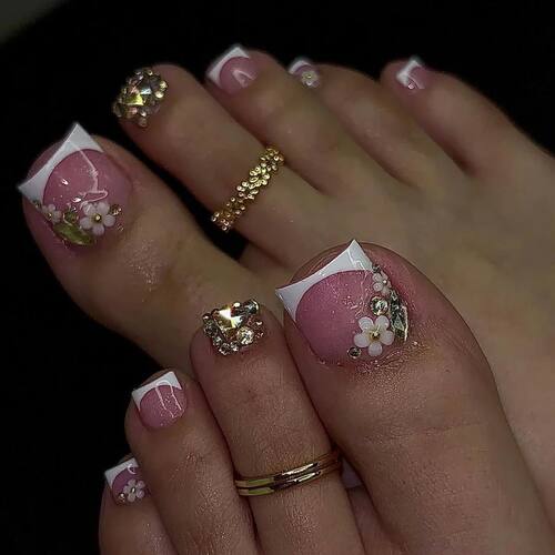 White French Nude Pink Short Fake Toenails Shiny Rhinestone
