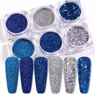 6Pcs/Set Blue Siliver Colorful Nail Glitters Set