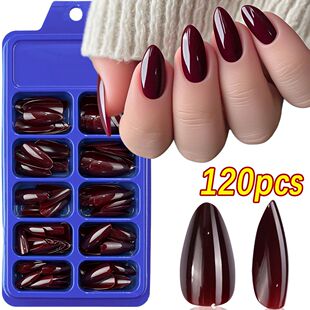 120Pcs Wine Red Almond Press On Nails Full Coverage Fake Nai