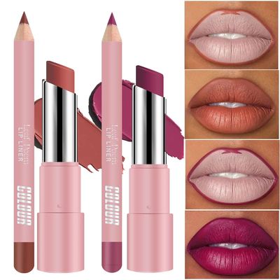 2Pcs Matte Lipstick&lip Liner Set Nude Brown Lipliner Pencil