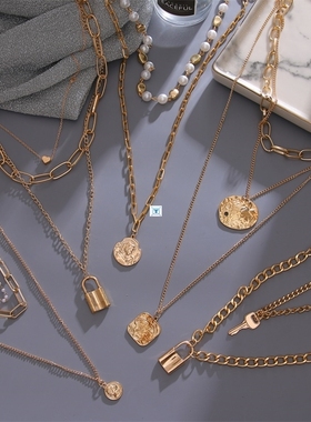 Vintage Multi Layered Women's Necklaces Pearl Round Coin