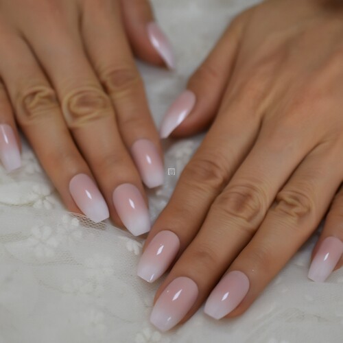 Pink Ombre Fake Nails Coffin Shape Medium Size Ladies Finger