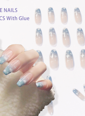 French Clouds Fake Nails Long Blue Coffin Press on Nail Tips