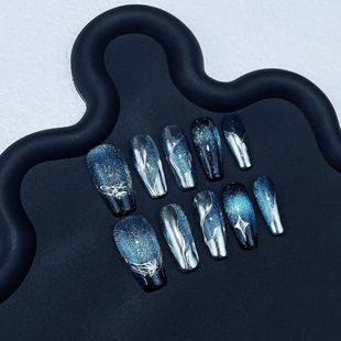 10pcs Aurora cat eyes blue almond coffin false nails with gl