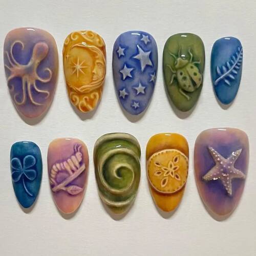 24pcs Charming Summer Ocean Press On Nails Colorful Painting