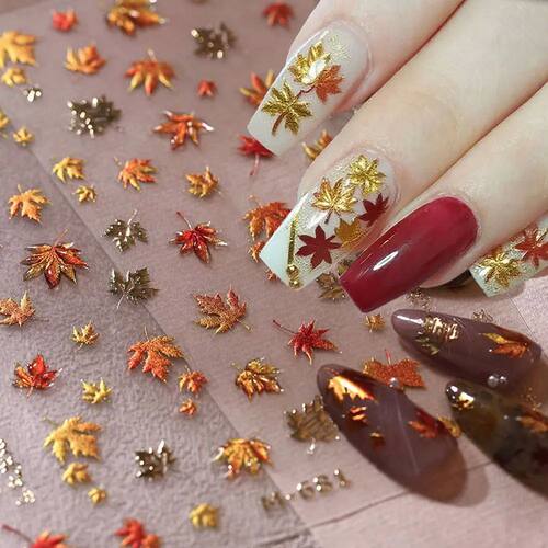 5D Embossed Jelly Maple Leaf Nail Art Sticker Gold Red Autum