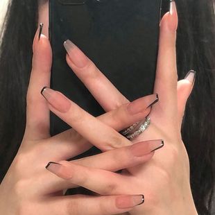 24PCS Medium coffin black french tip press on nails fleshcol