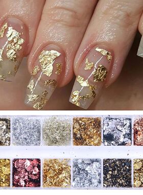 12 Grids Gorgeous Sparkly Gold Leaf Nail Art Glitter Flakes