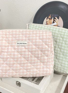 Solid Color Plaid Makeup Bag Travel Cosmetic Pouch Large Sof