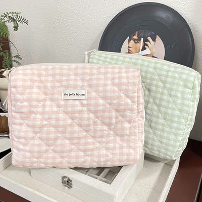 Solid Color Plaid Makeup Bag Travel Cosmetic Pouch Large Sof