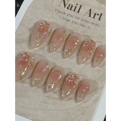 10pcs Handmade Almond Shaped Nail Art Pieces, Inlaid With Go