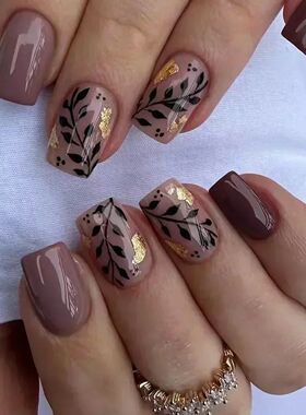 24pcs Short Square Amber Flower Fake Nail with Glue Wearable
