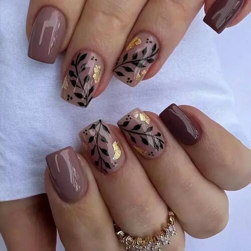 24pcs Short Square Amber Flower Fake Nail with Glue Wearable