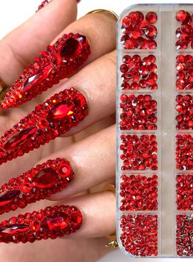 12grids Red Nail Gems Rhinestones 2/3/4/5mm Flat-Back Nail C