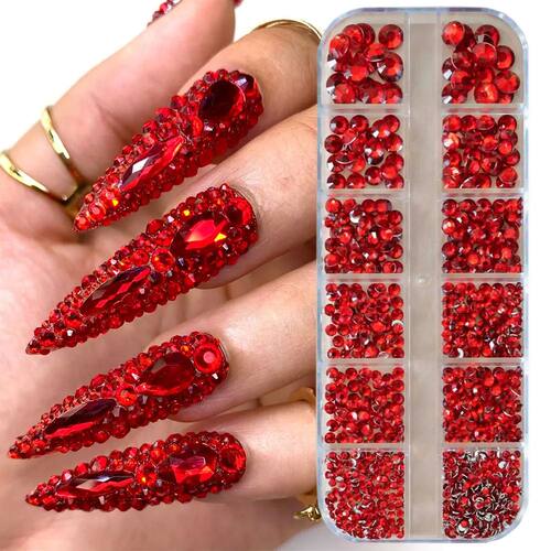 12grids Red Nail Gems Rhinestones 2/3/4/5mm Flat-Back Nail C