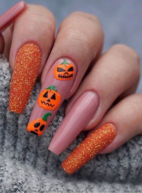 24Pcs/Box Halloween Style False Nails Punk Pumpkin Heads Pat