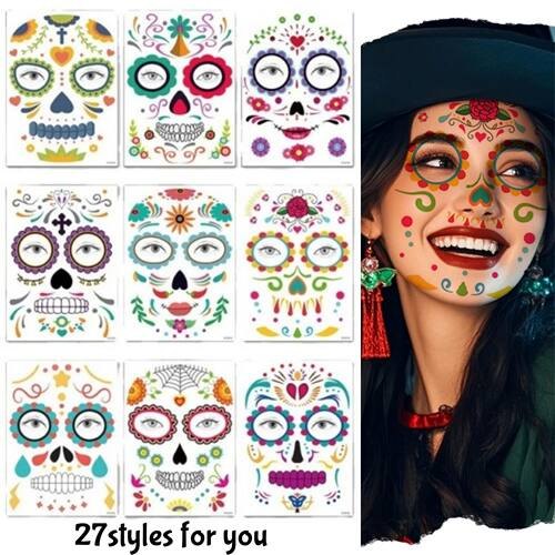9pcs Halloween Facial Tattoo Sticker Temporary Dead Skull Pa