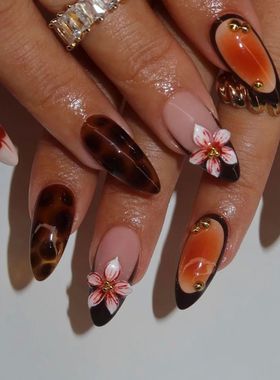 24pcs Brown Leopard Print Press On Nails Cute Stereo Flower