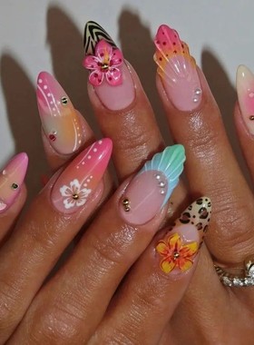 24pcs Tropical Flower Press On Nails Colorful French 3D Crys