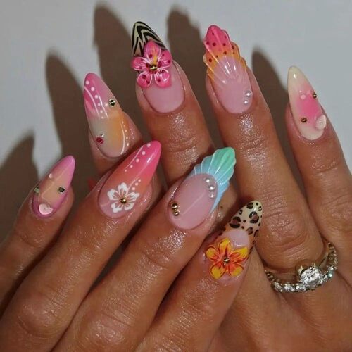 24pcs Tropical Flower Press On Nails Colorful French 3D Crys