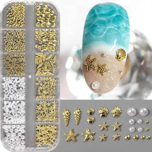 3D Golden Starfish Seashell Nail Art Charms Conch Metal Stud