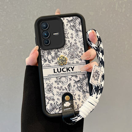 适用vivoS12手机壳V23磨砂V2162A小羊皮vovo手绳voviv23可爱v1vov23学生女voviS12创意v23 潮流山茶花保护套