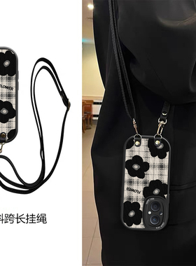 皮纹山茶花适用OPPOReno8T手机壳斜跨5z挂绳Reno7Z/8z全包f19pro挂件卡通潮少女ins可爱保护壳