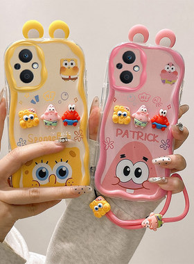 立体耳朵适用OPPOReno7Lite手机壳海绵宝宝reno8Lite/reno8Z派大星公仔奶油纹软边趣味可爱壳