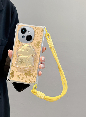 新年发财适用传音POP9 4G手机壳传音pop 9浮雕发财小新可爱潮金泊卡通少女情侣四角挂绳马年全包