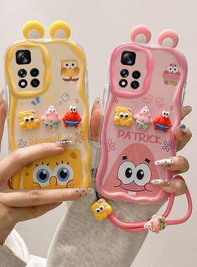 立体耳朵适用红米10手机壳海绵宝宝redmi10Prime派大星hm10印度版公仔奶油纹软边趣味可爱壳