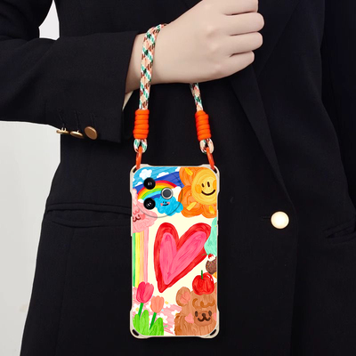 彩色油画适用vivoY300i斜跨手机壳Y395G小众日韩可爱超萌卡通时尚少女硅胶可爱男女Y300i个性手绳Y300i保护