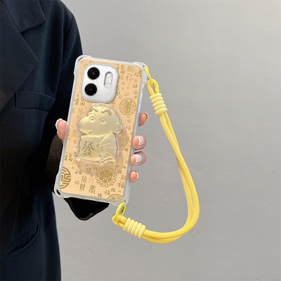 适用于传音InfinixHot50i 4G手机壳浮雕发财小新可爱潮hot50i 4g金泊卡通少女情侣四角挂绳马年全包