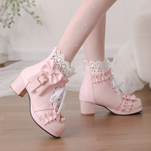 女童靴子2025秋冬新款短靴扣件蝴蝶结高跟学生女靴洛丽塔萝莉粗跟