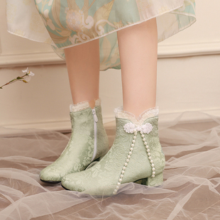 新中式配旗袍的鞋子春秋复古中大童搭配汉服民国国风女童平跟靴女