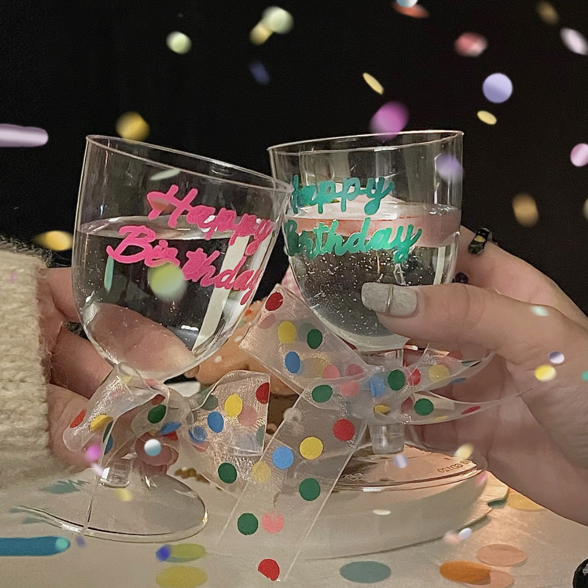 ins韩国生日快乐高脚杯一次性杯红酒香槟饮料彩色波点蝴蝶结派对